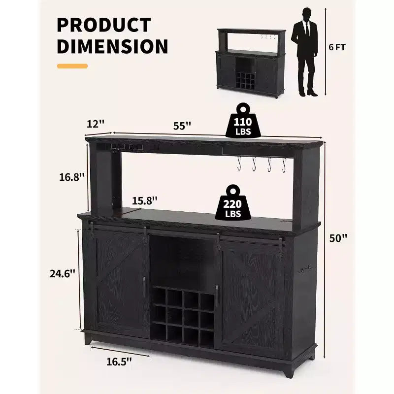 Meuble de bar à café de 55 pouces avec portes coulissantes de grange, range-bouteilles, éclairage LED et prises électriques