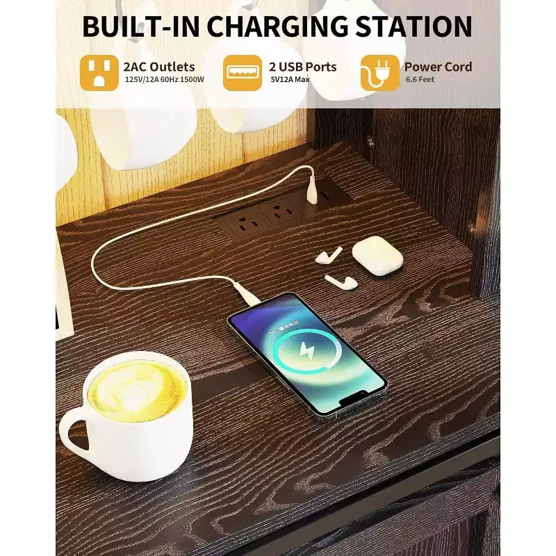 Meuble de bar à café de 55 pouces avec portes coulissantes de grange, range-bouteilles, éclairage LED et prises électriques