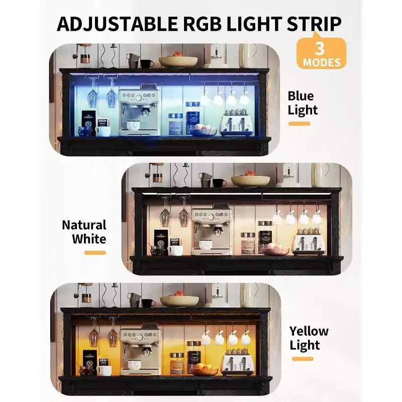 Meuble de bar à café de 55 pouces avec portes coulissantes de grange, range-bouteilles, éclairage LED et prises électriques