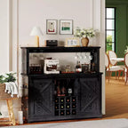 55 Farmhouse Coffee Bar Cabinet w/ Power Outlet & LED Lights - Sliding Barn Door, Wine Rack, USB Charging Station | Black/Brown/White