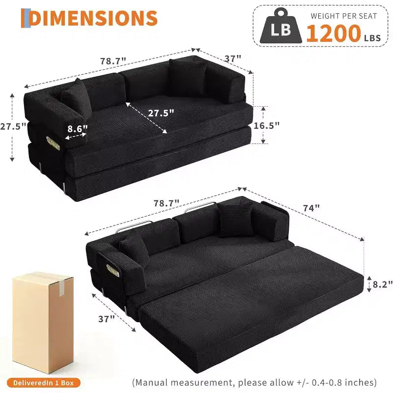 Canapé-lit convertible de 78,8 po avec oreillers – Velours côtelé, multi-positions, aucun assemblage requis