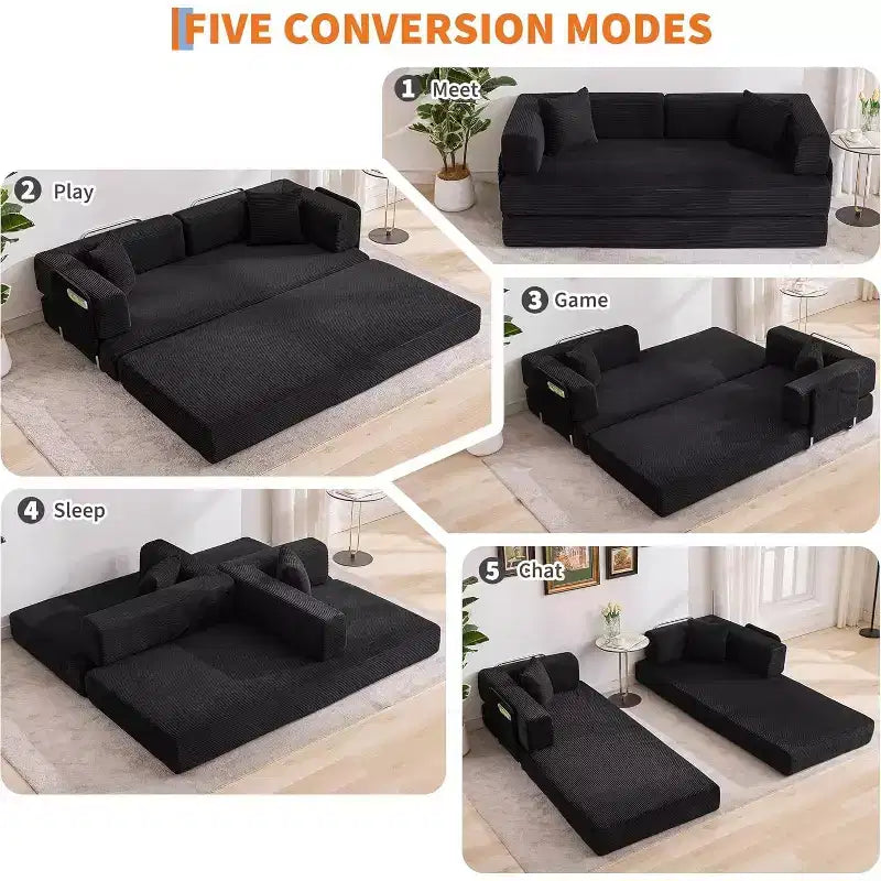 Canapé-lit convertible de 78,8 po avec oreillers – Velours côtelé, multi-positions, aucun assemblage requis