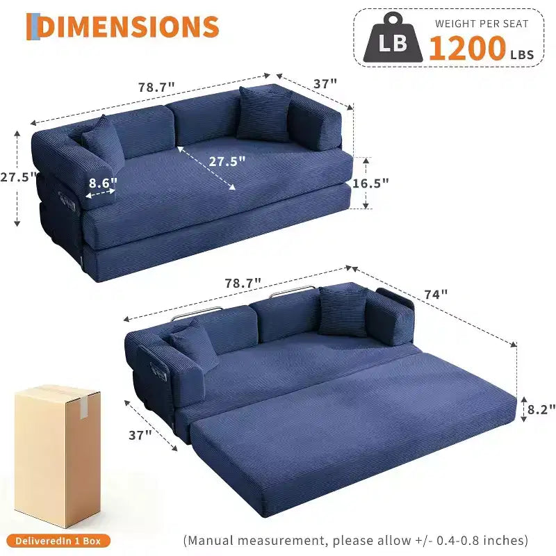 Canapé-lit convertible de 78,8 po avec oreillers – Velours côtelé, multi-positions, aucun assemblage requis