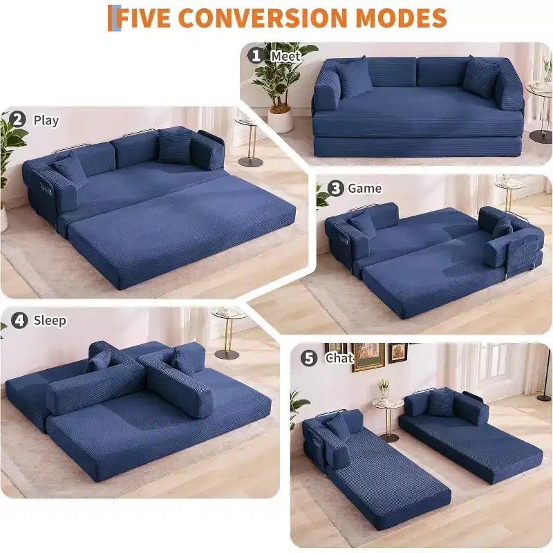 Canapé-lit convertible de 78,8 po avec oreillers – Velours côtelé, multi-positions, aucun assemblage requis