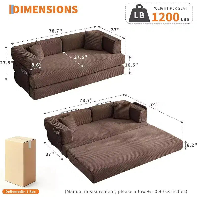 Canapé-lit convertible de 78,8 po avec oreillers – Velours côtelé, multi-positions, aucun assemblage requis