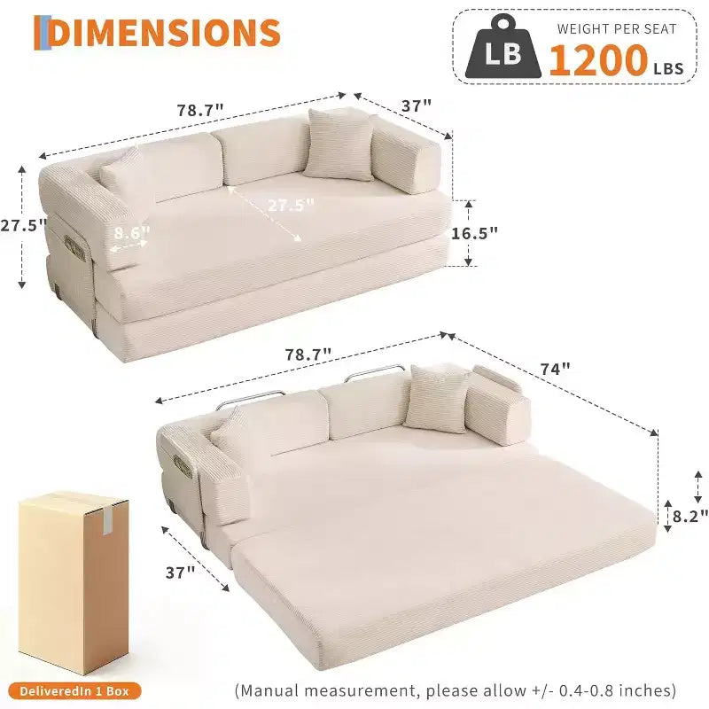 Canapé-lit convertible de 78,8 po avec oreillers – Velours côtelé, multi-positions, aucun assemblage requis