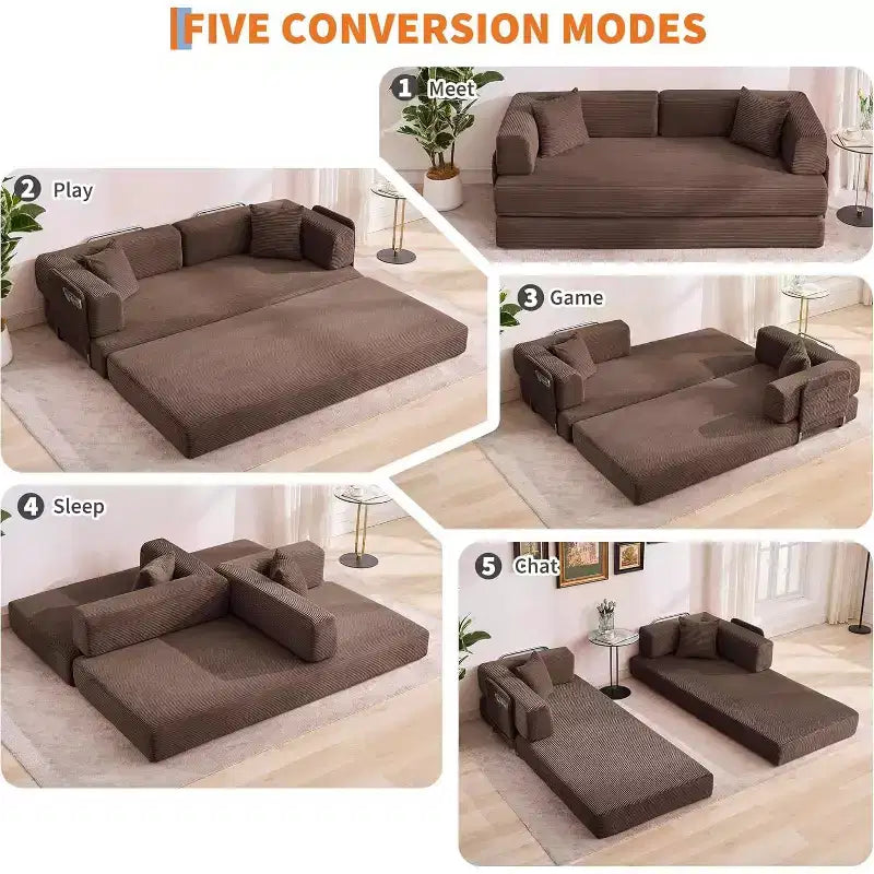 Canapé-lit convertible de 78,8 po avec oreillers – Velours côtelé, multi-positions, aucun assemblage requis