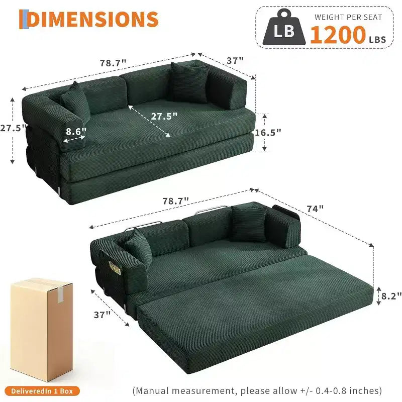 Canapé-lit convertible de 78,8 po avec oreillers – Velours côtelé, multi-positions, aucun assemblage requis