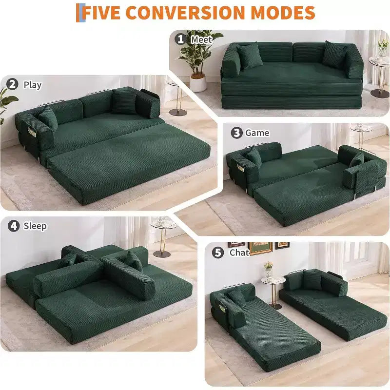 Canapé-lit convertible de 78,8 po avec oreillers – Velours côtelé, multi-positions, aucun assemblage requis