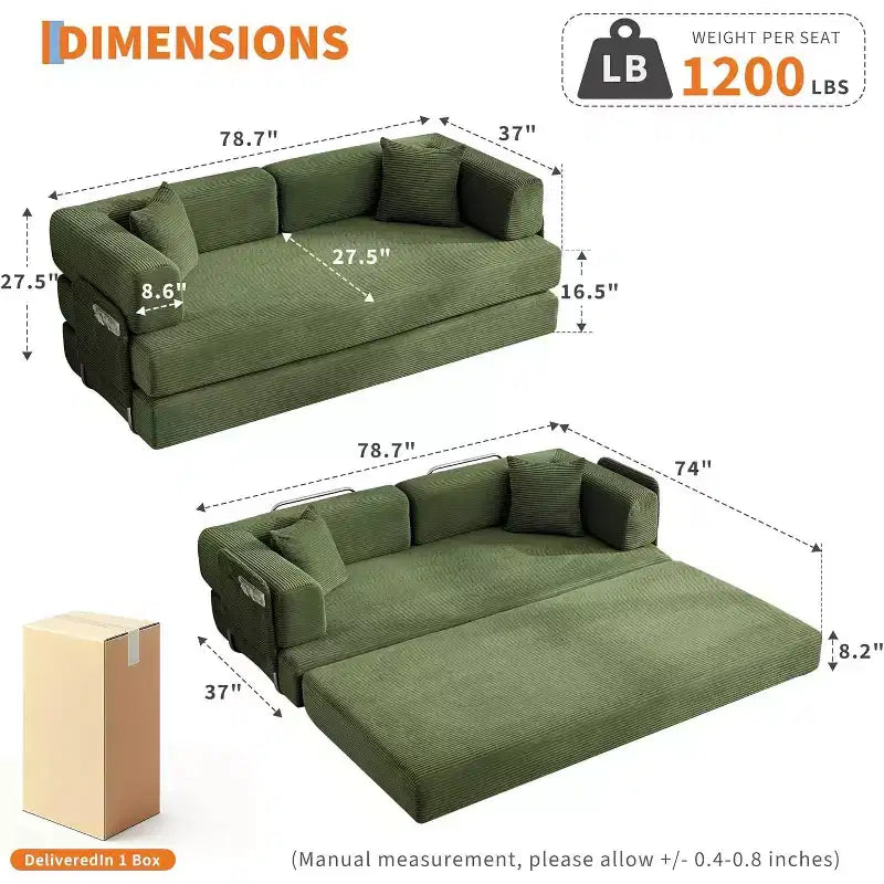 Canapé-lit convertible de 78,8 po avec oreillers – Velours côtelé, multi-positions, aucun assemblage requis