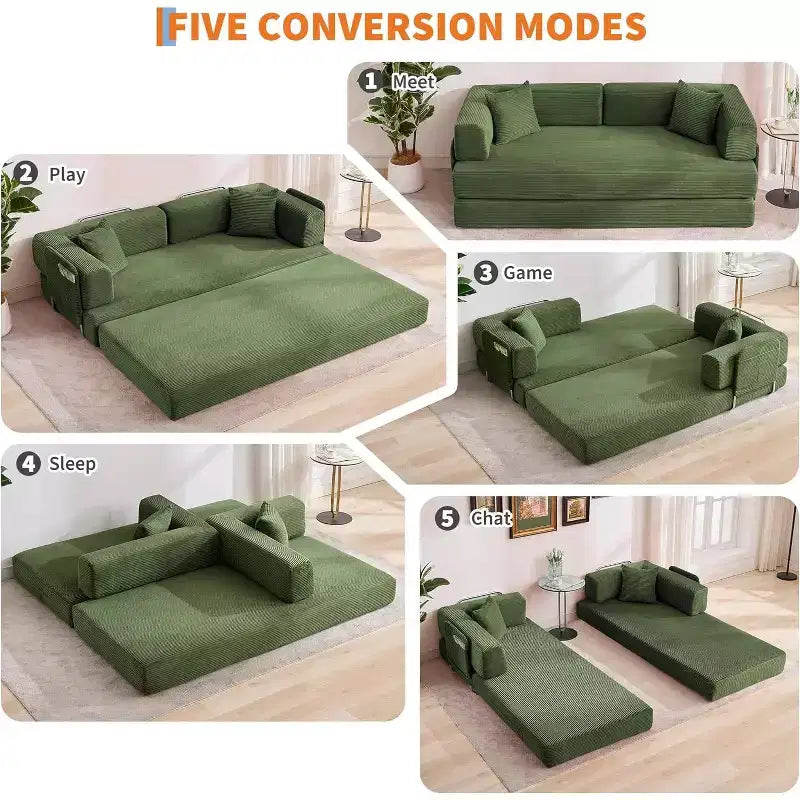 Canapé-lit convertible de 78,8 po avec oreillers – Velours côtelé, multi-positions, aucun assemblage requis