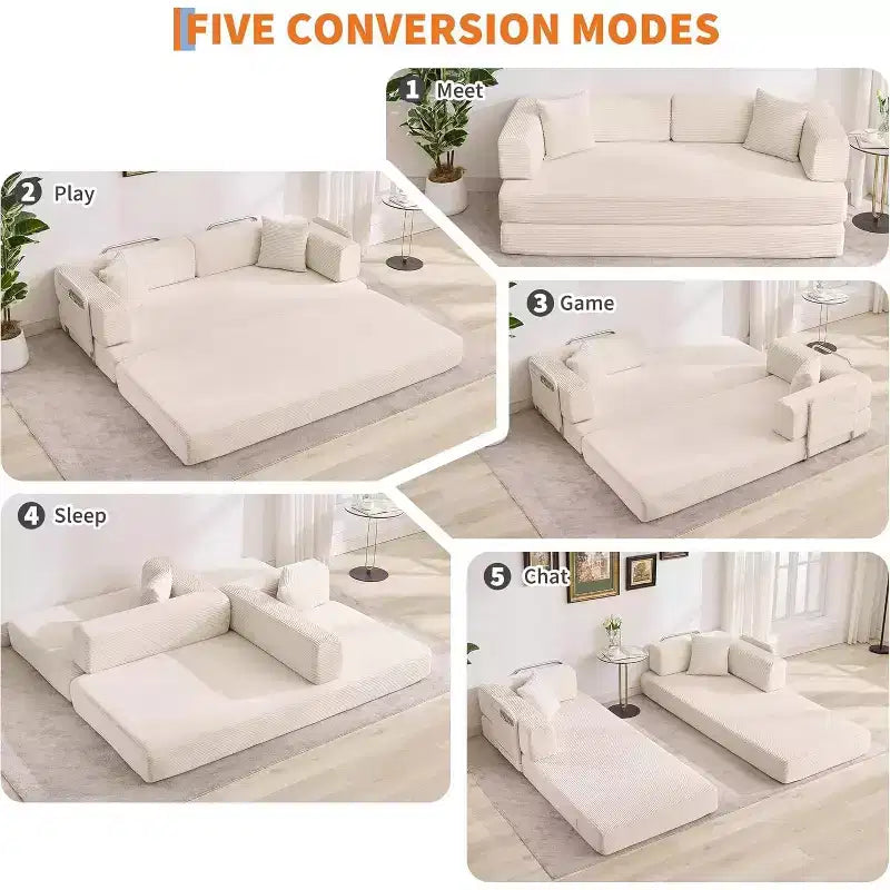 Canapé-lit convertible de 78,8 po avec oreillers – Velours côtelé, multi-positions, aucun assemblage requis