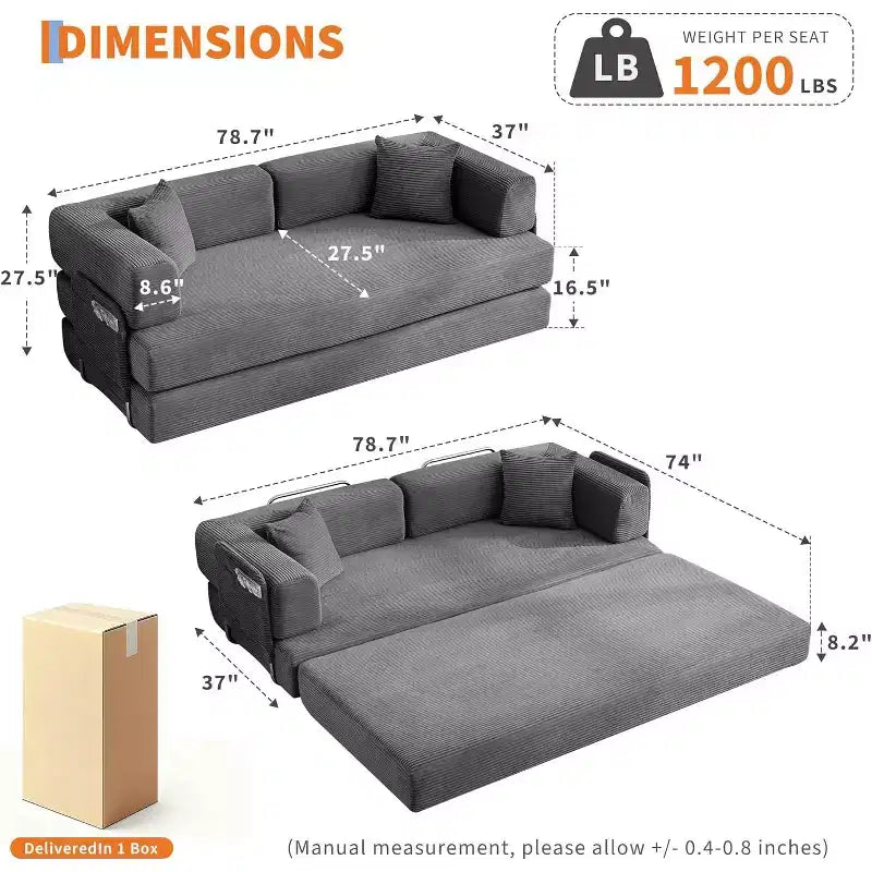 Canapé-lit convertible de 78,8 po avec oreillers – Velours côtelé, multi-positions, aucun assemblage requis