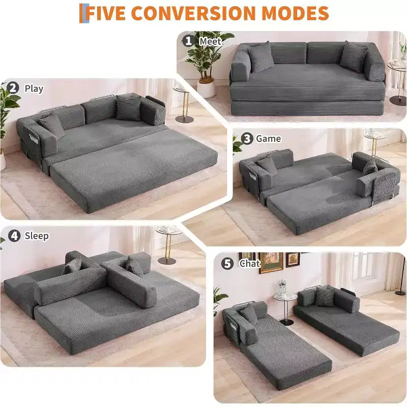 Canapé-lit convertible de 78,8 po avec oreillers – Velours côtelé, multi-positions, aucun assemblage requis