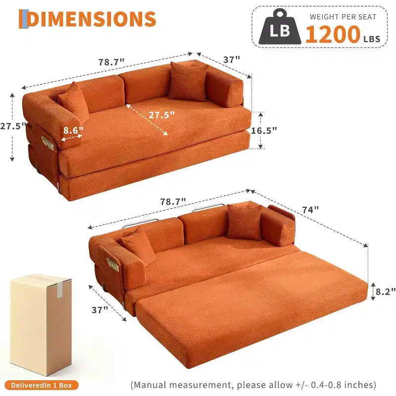 Canapé-lit convertible de 78,8 po avec oreillers – Velours côtelé, multi-positions, aucun assemblage requis