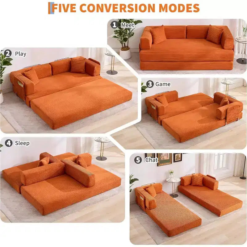 Canapé-lit convertible de 78,8 po avec oreillers – Velours côtelé, multi-positions, aucun assemblage requis