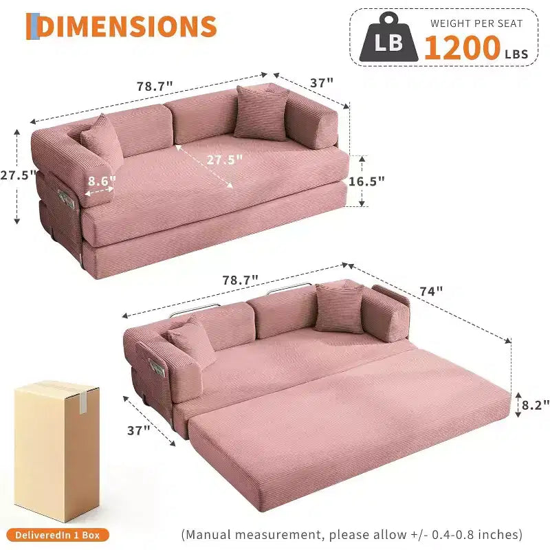 Canapé-lit convertible de 78,8 po avec oreillers – Velours côtelé, multi-positions, aucun assemblage requis