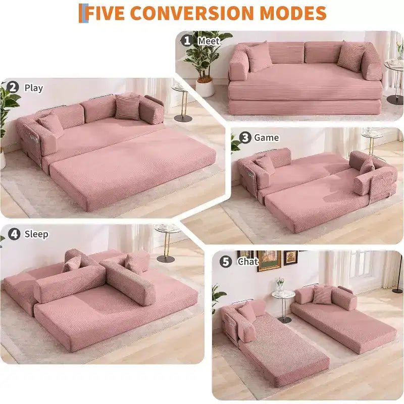 Canapé-lit convertible de 78,8 po avec oreillers – Velours côtelé, multi-positions, aucun assemblage requis