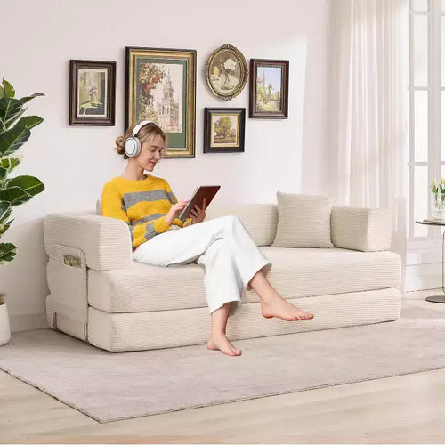 78.8'' Convertible Sleeper Floor Sofa Bed w/Pillows, 5-in-1 Corduroy Floor Couch, Folding Mattress Couch Loveseat with Fixed-Shape Frame, No Assembly