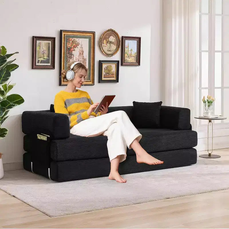 Canapé-lit convertible de 78,8 po avec oreillers – Velours côtelé, multi-positions, aucun assemblage requis