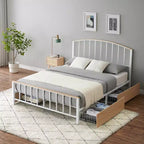 Full/Queen Metal Platform Bed Frame, Headboard & Large Storage, No Box Spring, White