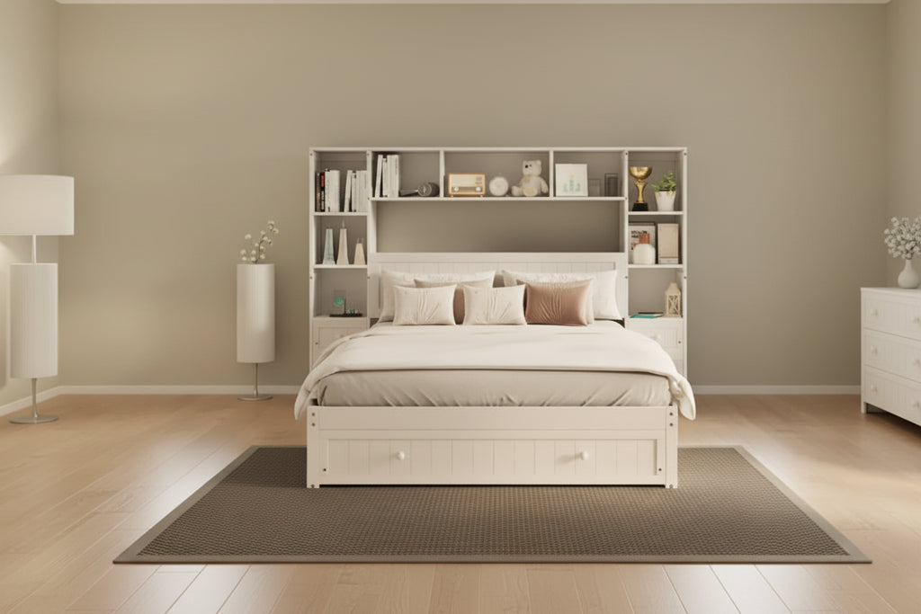 GDFStudio Rose Full Size Pine Wood Platform Bed with Nightstands and Bookcase Cabinet