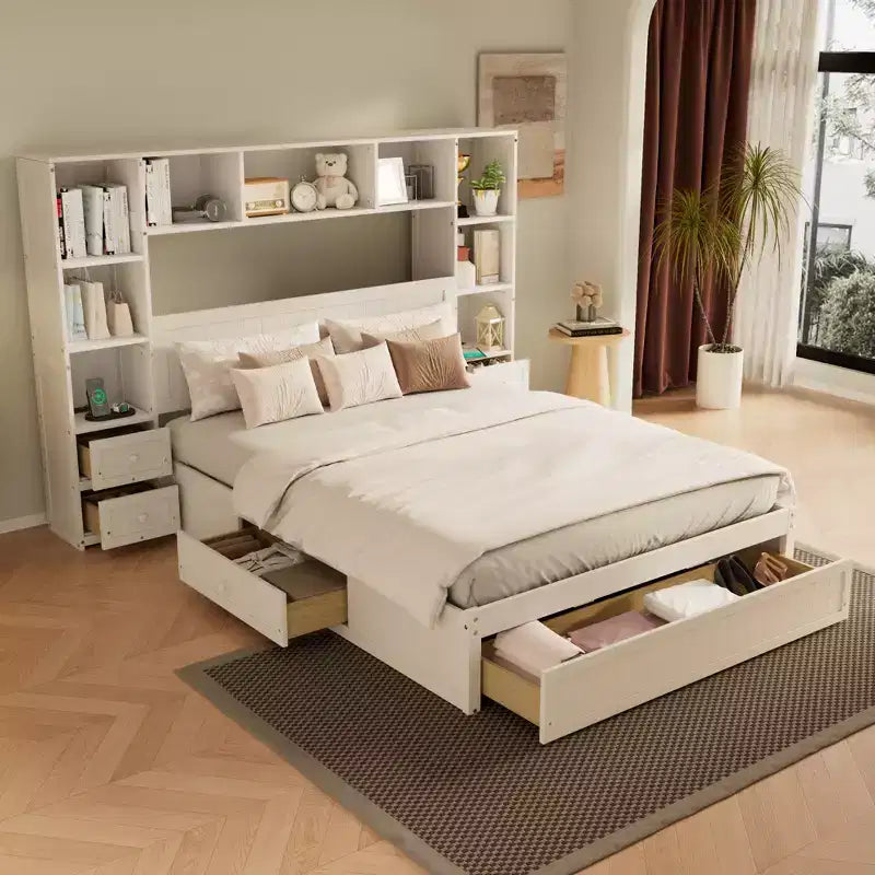 Lit plateforme double en pin massif avec tables de chevet, bibliothèque et tiroirs – 90,8" L x 86,7" l x 63,5" H