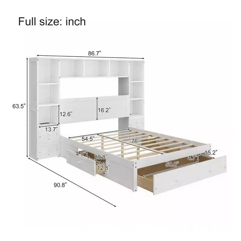 Lit plateforme double en pin massif avec tables de chevet, bibliothèque et tiroirs – 90,8" L x 86,7" l x 63,5" H