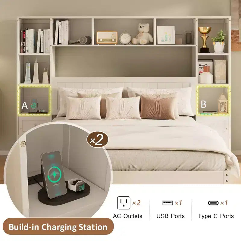 Lit plateforme double en pin massif avec tables de chevet, bibliothèque et tiroirs – 90,8" L x 86,7" l x 63,5" H