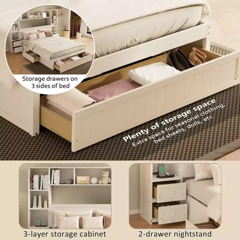 Lit plateforme double en pin massif avec tables de chevet, bibliothèque et tiroirs – 90,8" L x 86,7" l x 63,5" H