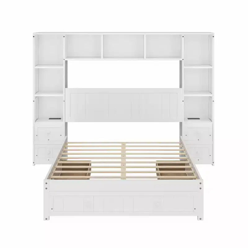 Lit plateforme double en pin massif avec tables de chevet, bibliothèque et tiroirs – 90,8" L x 86,7" l x 63,5" H