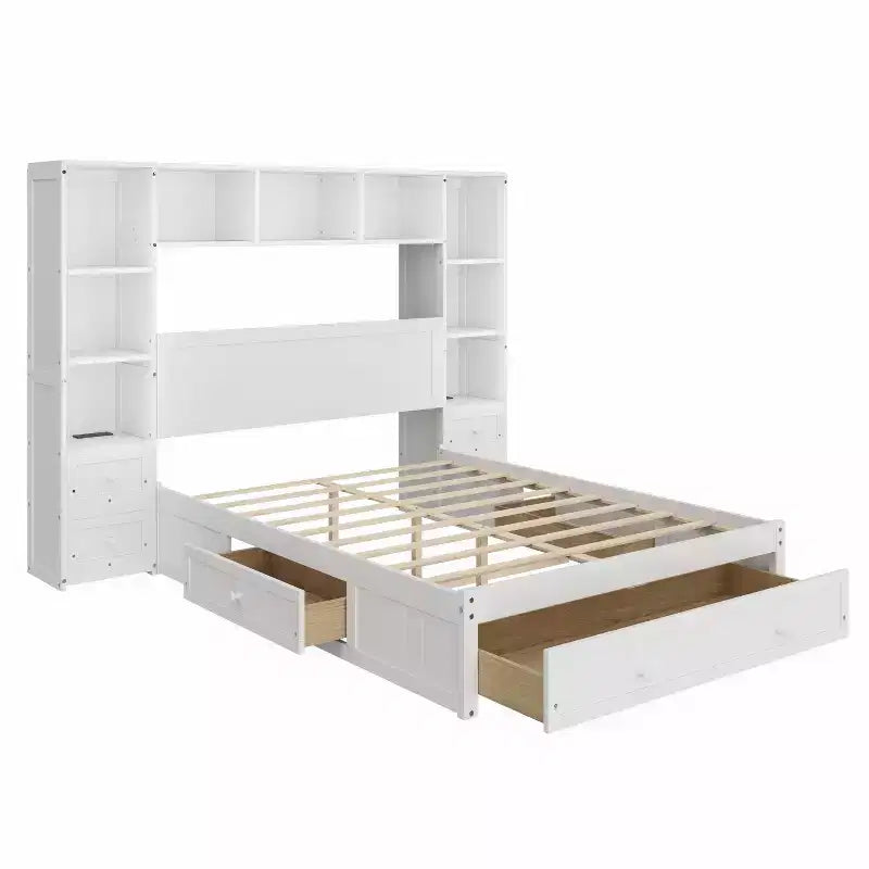 Lit plateforme double en pin massif avec tables de chevet, bibliothèque et tiroirs – 90,8" L x 86,7" l x 63,5" H