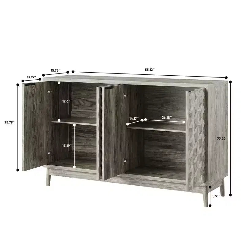 Buffet moderne avec 4 compartiments à portes géométriques – 86 cm H x 140 cm P x 40 cm L