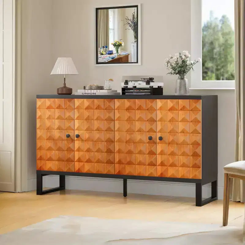Buffet moderne avec 4 compartiments à portes géométriques – 86 cm H x 140 cm P x 40 cm L