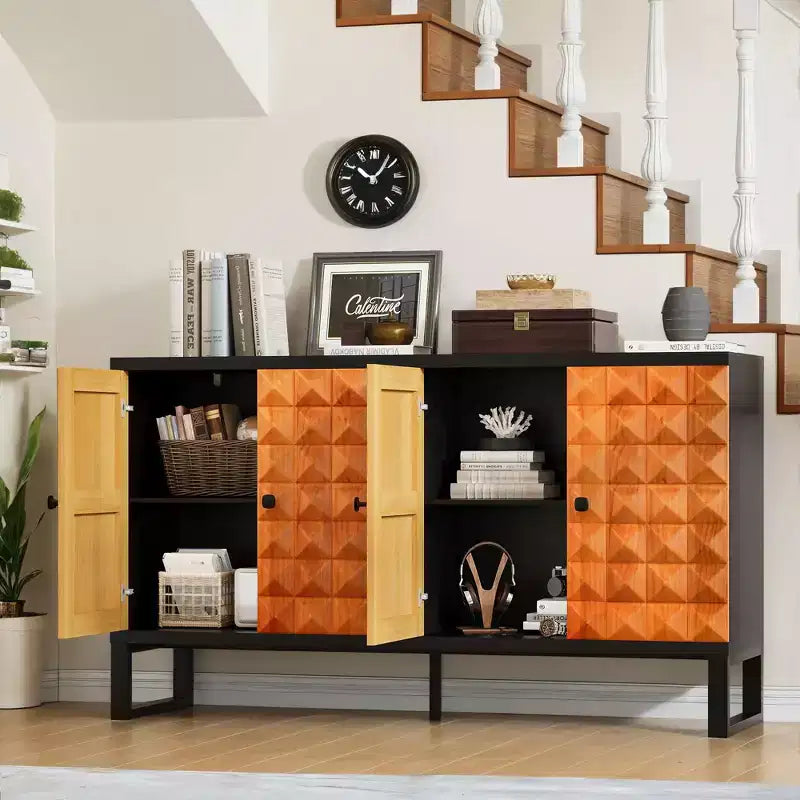 Buffet moderne avec 4 compartiments à portes géométriques – 86 cm H x 140 cm P x 40 cm L