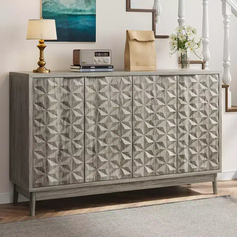 Buffet moderne avec 4 compartiments à portes géométriques – 86 cm H x 140 cm P x 40 cm L