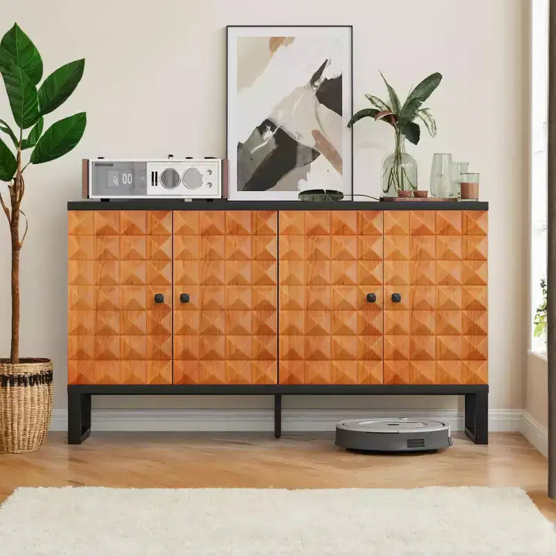 Buffet moderne avec 4 compartiments à portes géométriques – 86 cm H x 140 cm P x 40 cm L