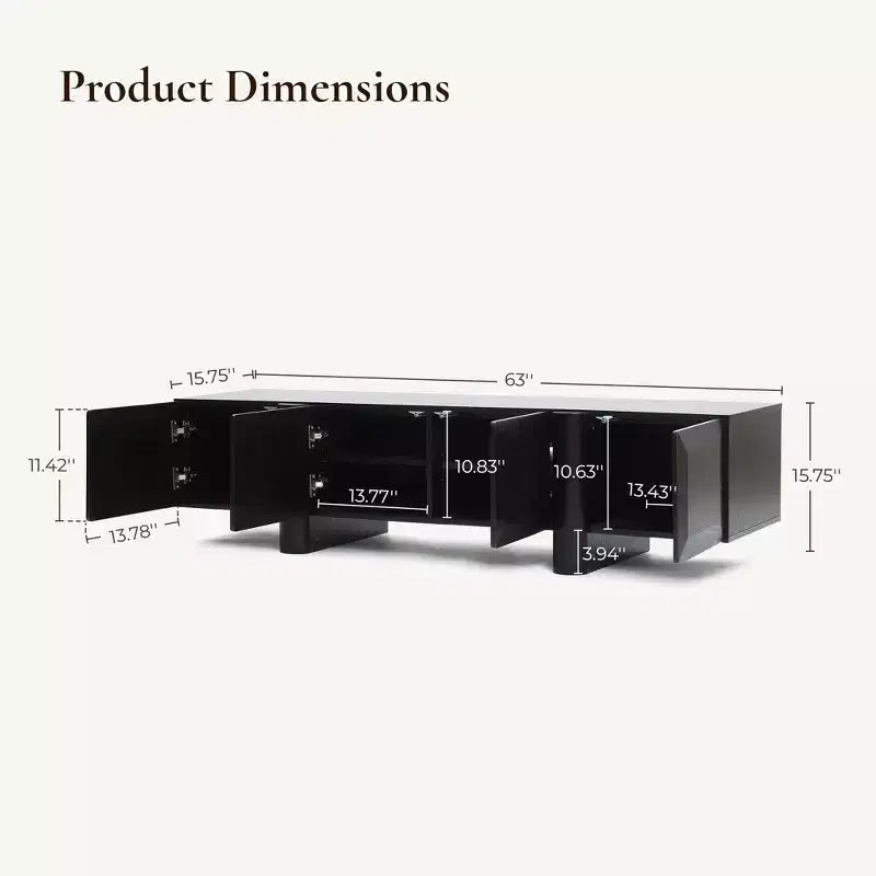 Meuble TV bas 63" avec 4 portes à ouverture par pression pour téléviseurs jusqu'à 68" – 15,75" H x 63" L x 15,75" P, Noir mat