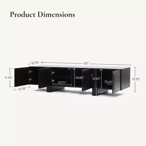 Meuble TV bas 63" avec 4 portes à ouverture par pression pour téléviseurs jusqu'à 68" – 15,75" H x 63" L x 15,75" P, Noir mat