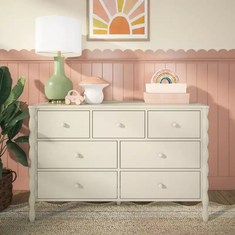 Commode enfant à 7 tiroirs en pin massif avec pieds fuseau et poignées rondes – 52" L x 18.5" P x 33.5" H
