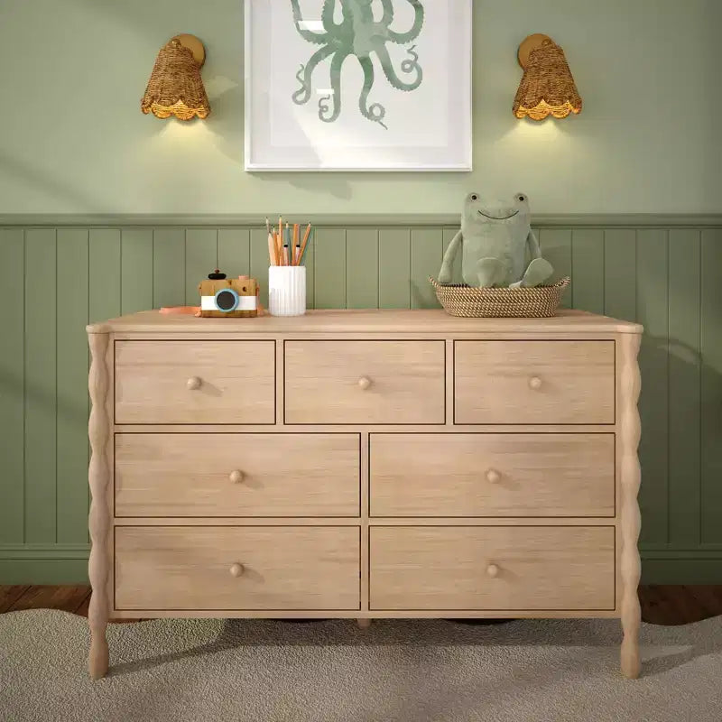 Commode enfant à 7 tiroirs en pin massif avec pieds fuseau et poignées rondes – 52" L x 18.5" P x 33.5" H
