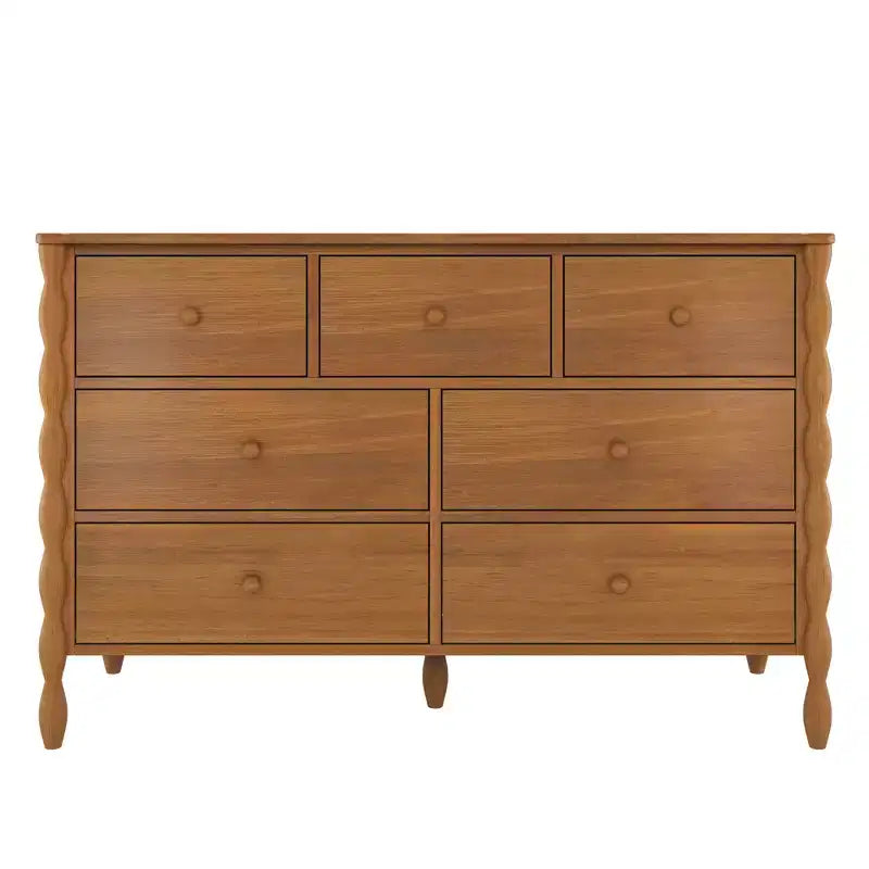 Commode enfant à 7 tiroirs en pin massif avec pieds fuseau et poignées rondes – 52" L x 18.5" P x 33.5" H