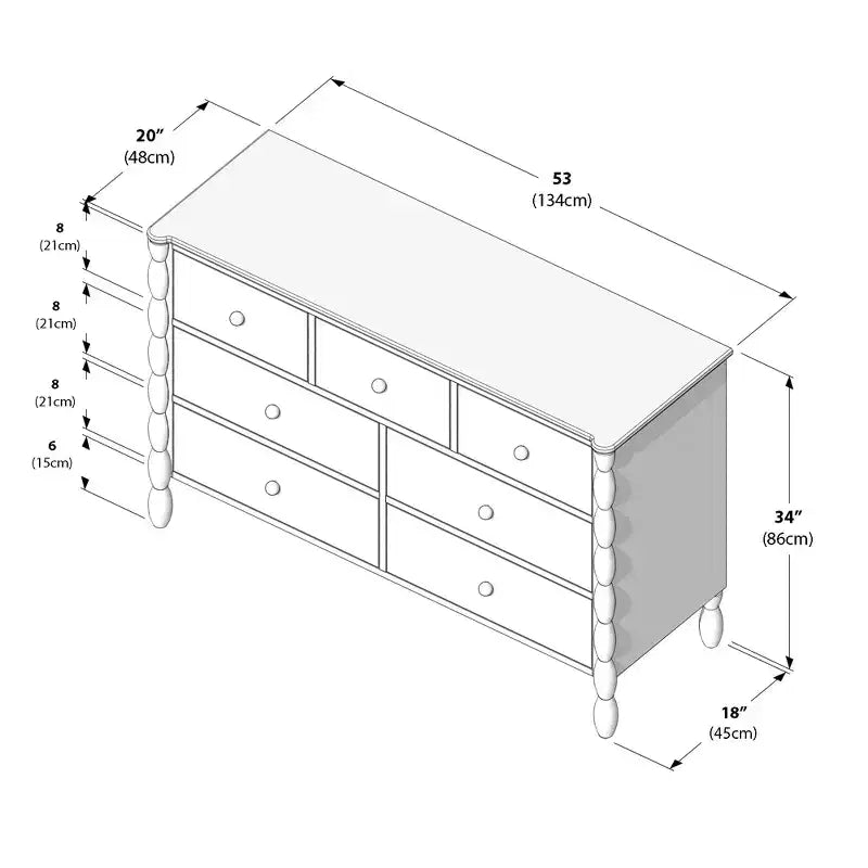 Commode enfant à 7 tiroirs en pin massif avec pieds fuseau et poignées rondes – 52" L x 18.5" P x 33.5" H