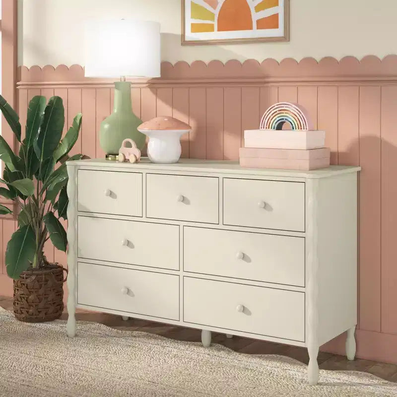 Commode enfant à 7 tiroirs en pin massif avec pieds fuseau et poignées rondes – 52" L x 18.5" P x 33.5" H