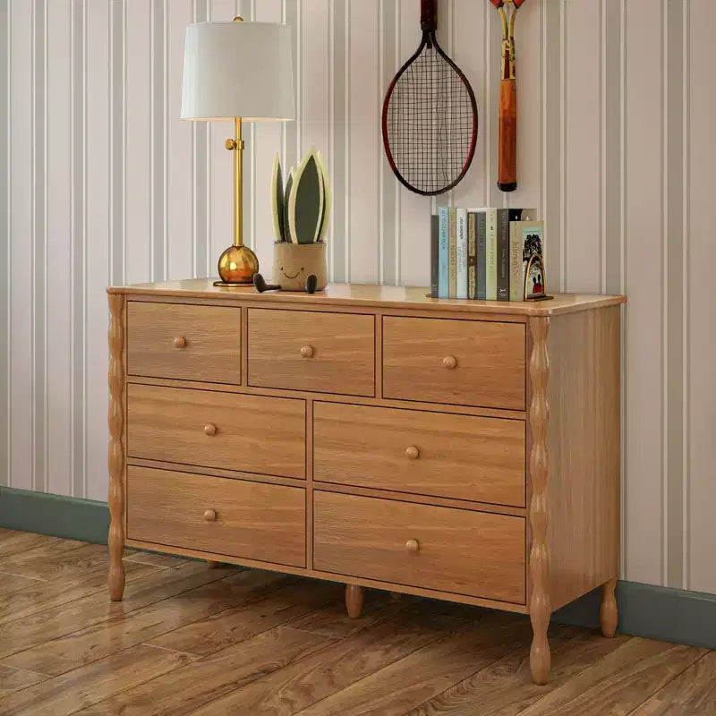 Commode enfant à 7 tiroirs en pin massif avec pieds fuseau et poignées rondes – 52" L x 18.5" P x 33.5" H