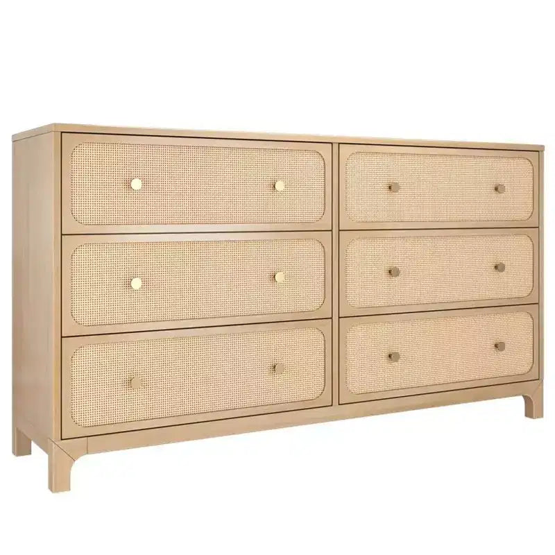 Commode 6 tiroirs avec façades en rotin et poignées en laiton – 151 cm (L) x 40 cm (P) x 84 cm (H)