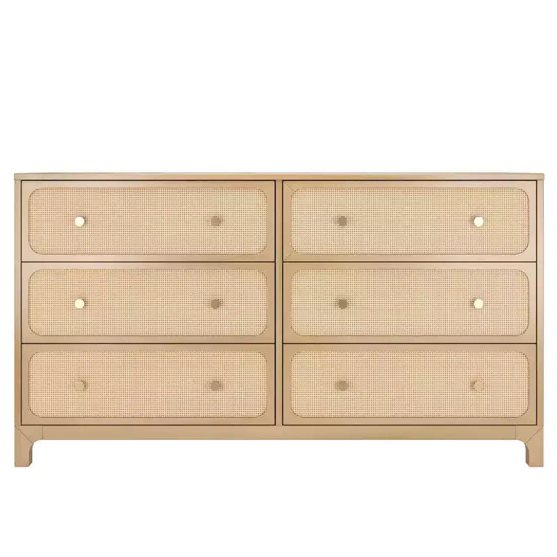Commode 6 tiroirs avec façades en rotin et poignées en laiton – 151 cm (L) x 40 cm (P) x 84 cm (H)