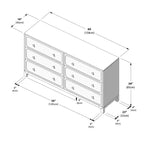 Commode 6 tiroirs avec façades en rotin et poignées en laiton – 151 cm (L) x 40 cm (P) x 84 cm (H)