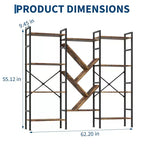 Bibliothèque Triple Large à 5 Niveaux avec Étagères Ouvertes et Cadre en Acier