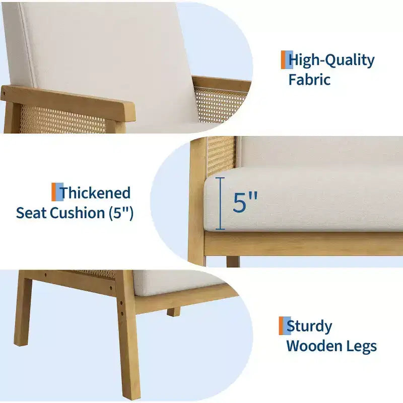 Fauteuil d'appoint dossier haut en rotin avec structure en bois et revêtement en lin – Assise 57 cm l x 51 cm P, Hauteur 81 cm